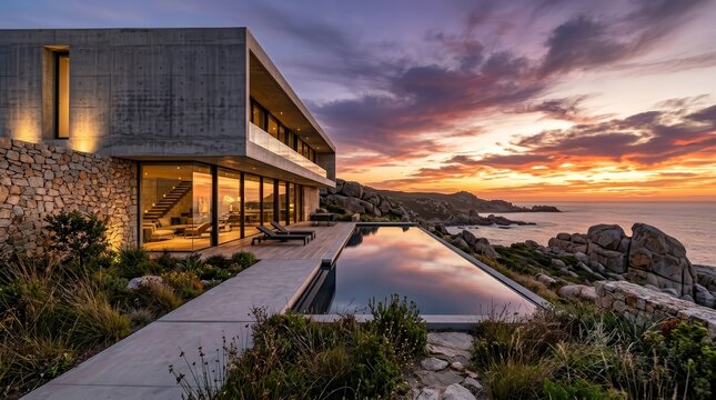 Luxury modern villa featuring a rectilinear concrete design and long infinity pool at sunset.