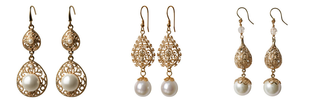 Set of Pair of ornate gold filigree dangle earrings featuring smooth teardrop pearls on transparent png background. Ai generated