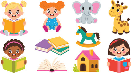 Fototapeta premium Cute Kindergarten Kids and Toys Vector Set with Diverse Toddler Girls Reading Books, Stuffed Elephant, Giraffe, Rocking Horse, and Toy House
