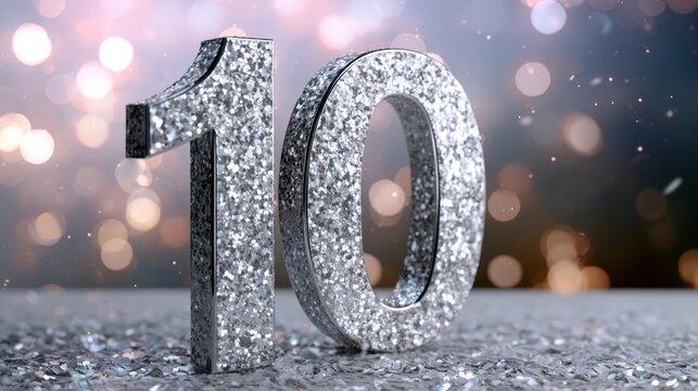 Sparkling silver number ten standing on glittery surface with bokeh lights in soft festive background for celebration or milestone event concept