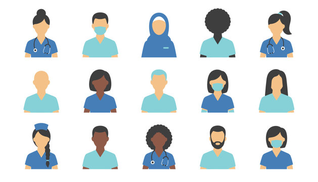 Collection Of Medical Professionals Flat Icons With Diverse Representation And Uniform Blue And Teal Colors avatar care cartoon clinical
