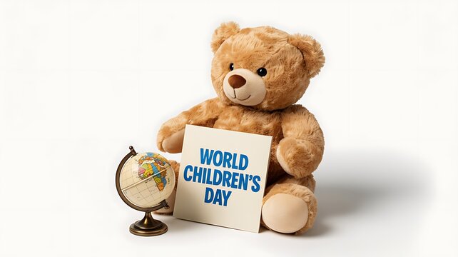 A friendly brown teddy bear sits beside a small globe and holds a sign that reads "WORLD CHILDREN'S DAY," celebrating youth and global unity.