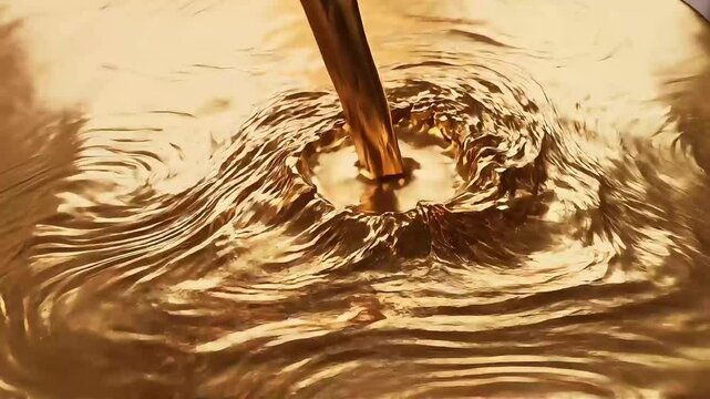 Liquid molten gold pouring into a surface creating splash ripples footage background.