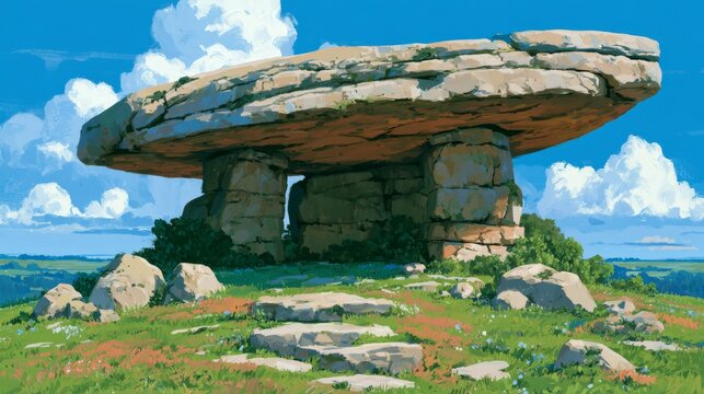 Ancient Megalithic Structure Surrounded by Lush Greenery and Blue Skies with Fluffy Clouds in a Scenic Landscape