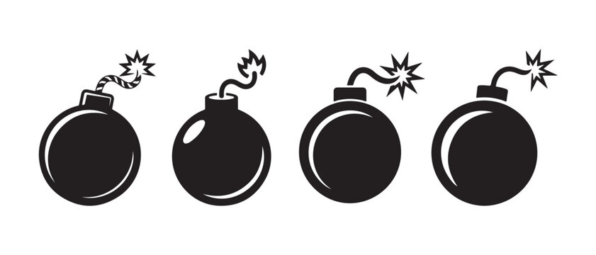 Set of black bomb icons with burning fuses for explosive danger and warning signs.
