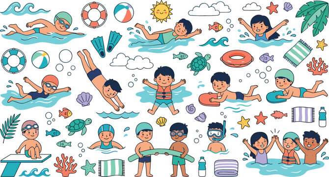Cute Kids Swimming and Water Sports Character Clip Art Set with Children Diving Floating and Snorkeling in Pool for Summer Vacation and Swim School Designs