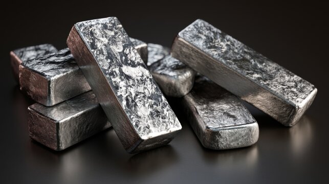 Metallic bars stacked together on a dark background showcasing shine, texture, and detailed surface imperfections in a contemporary composition