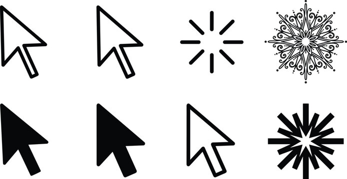 Mouse Cursor Vector Icon Set Featuring Outline Arrow Pointers Solid Silhouettes Circular Loading Buffering Wheel and Ornate Starburst Graphic for User Interface Designs