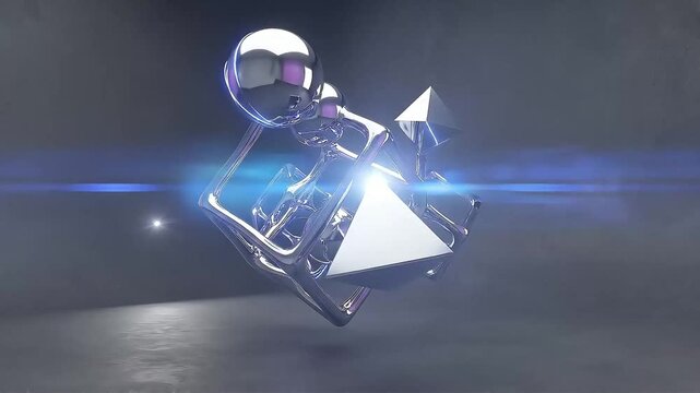 Futuristic metallic 3D geometric shapes with neon purple glow motion graphics footage loop