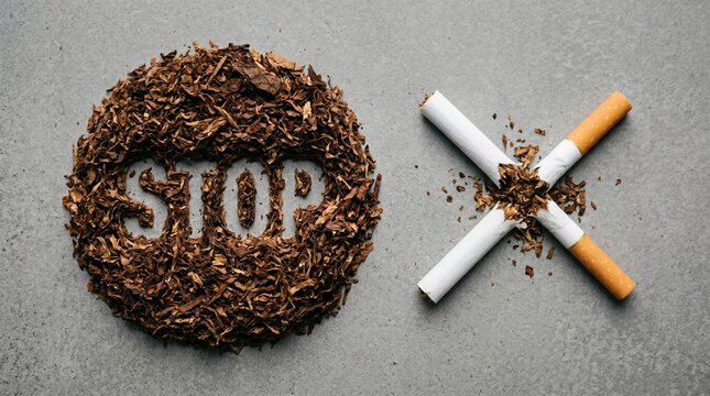 Stop smoking concept with tobacco leaves arranged into the word stop next to crossed cigarettes on grey surface