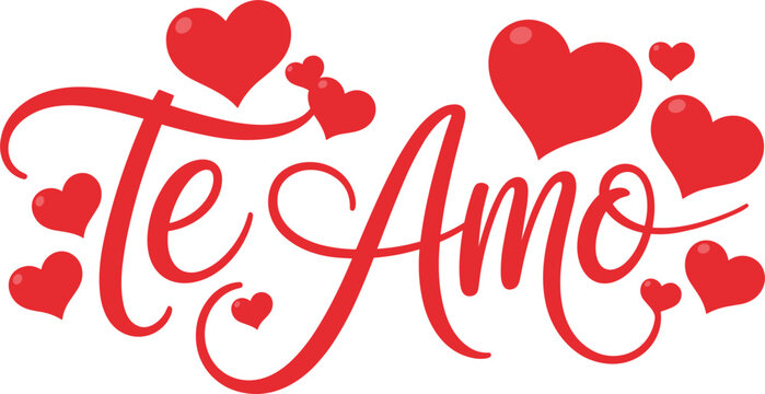 Te Amo Spanish Romantic Calligraphy Script Typography Text with Red Floating Hearts for Valentines Day Cards, Wedding Designs, and Love Theme Graphics
