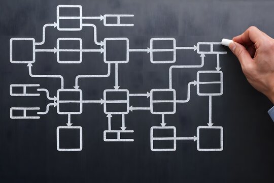 Data flow analysis. System engineer drawing diagram on blackboard. Efficient data processing and stream design.