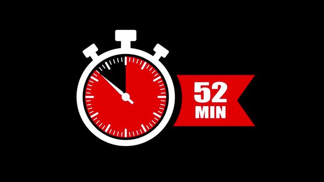 52 minute timer countdown stopwatch animation. Clock icon with 52 minute timer. 52 minute countdown timer clock icon animation. 52 min clock icon animation. Timer, clock, stopwatch icon with 52 min.