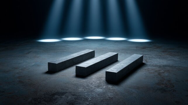 Dramatic Display of Three Concrete Beams on Dark Floor with Illuminated Background in Modern Urban Environment