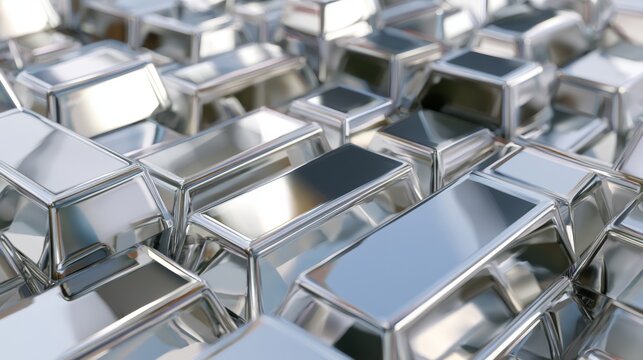 Close-up View of Lustrous Silver Bars Stacked Together in a Modern Industrial Setting with Shiny Reflections and Vibrant Light Conditions