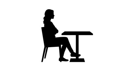 Fototapeta premium Black silhouette vector illustration of woman sitting at small table with crossed arms against white background