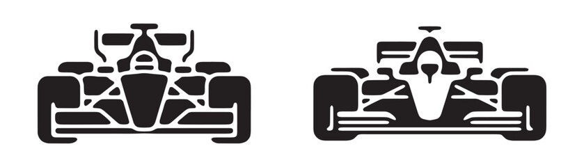 Fototapeta premium Formula one racing car front view black glyph icons set for motorsport event and team branding art.