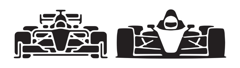 Fototapeta premium Formula racing car front view black icons collection for professional motor sport graphic projects.