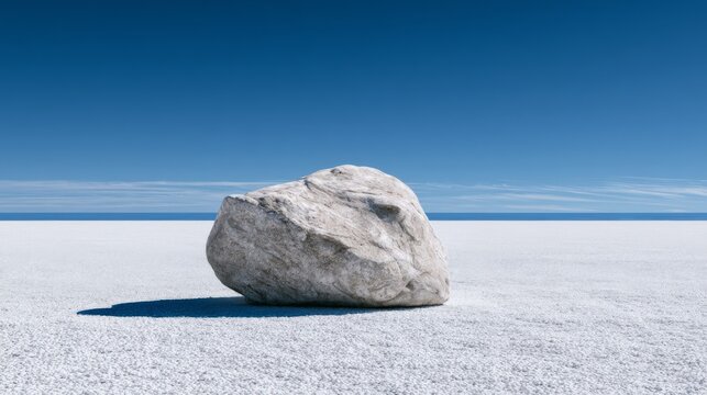 Solitary Rock on Expansive Salt Flat Under Bright Blue Sky with Gentle Clouds - Tranquil Natural Landscape Scene