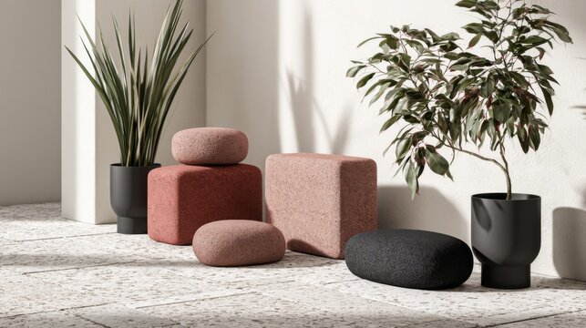 Modern Minimalist Living Space with Textured Stones and Green Plants in Natural Light Offering Aesthetic Design Inspiration for Contemporary Interiors