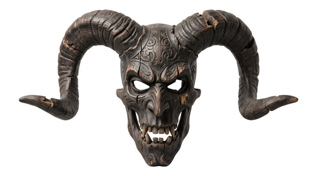 Ancient carved demon mask with ram horns, dark wood devil sculpture on white background, mystical tribal folklore mask for halloween