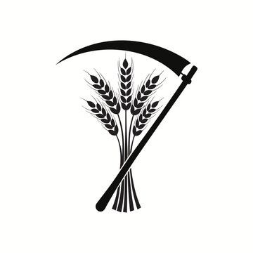 Vintage wheat scythe icon, black silhouette of grain stalks and harvest tool, agricultural farm logo vector