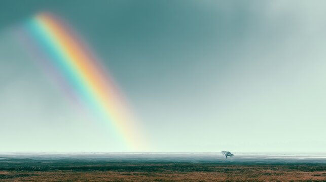 Dramatic Landscape Featuring a Vibrant Rainbow Arcing Over a Lush Green Field with Sparse Trees and Misty Horizon Under Overcast Sky