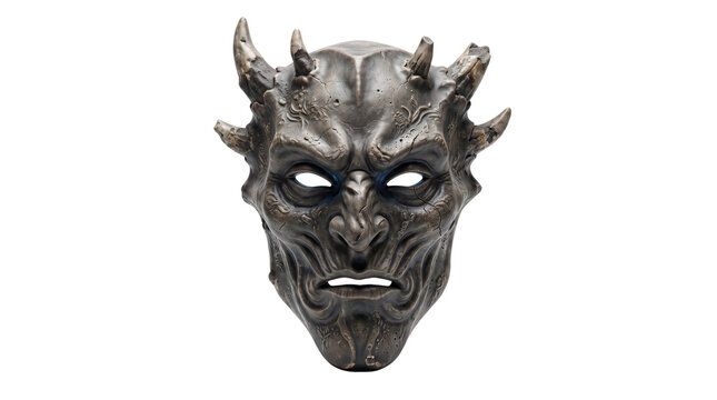 Gothic demon mask with horns, bronze devil face sculpture, ornate mythical monster head for Halloween and horror concepts