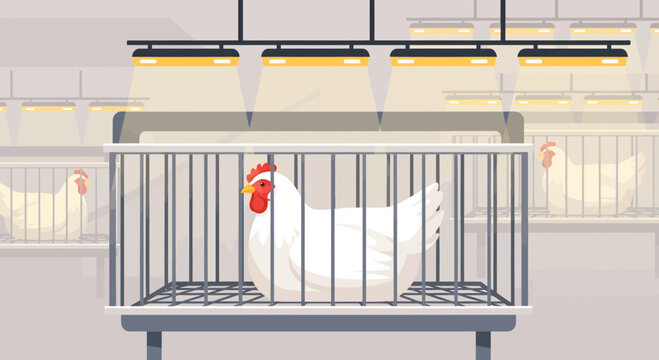 Single white chicken in a modern poultry cage.