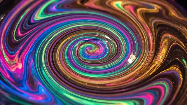 Abstract footage of a colorful liquid spiral with neon hues swirling in a seamless background loop