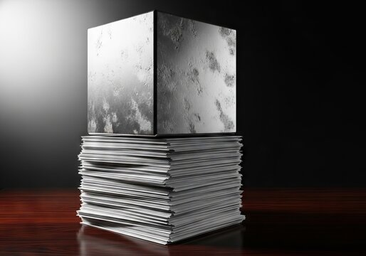 A massive steel cube exerts force on a high stack of white documents on a dark table, creating a sense of intense institutional burden, cold, minimalist, high