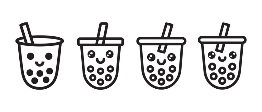 Bubble Tea Icon Set, Boba Milk Tea, Tapioca Pearl Drink with Straw Outline Vector Symbols.
