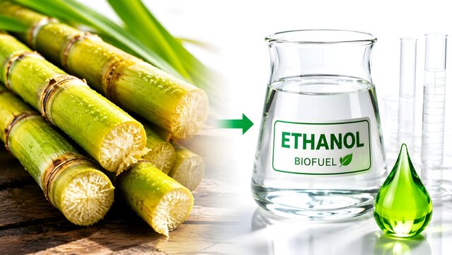 Sugarcane converting to ethanol in laboratory flask diagram