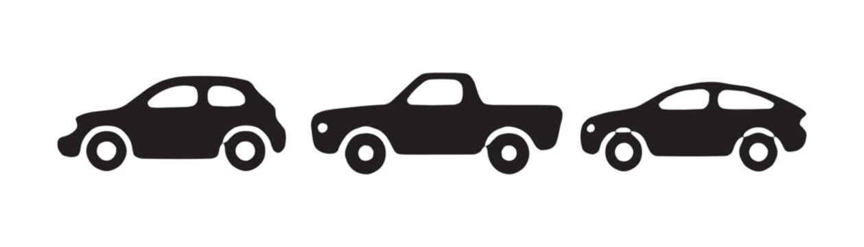 Three cartoon car icons in black, representing different vehicle types for fun illustrations.
