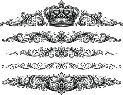 Vintage Baroque Text Dividers Vector Set Featuring Ornate Crown Header Filigree Vignettes Scroll Flourishes and Royal Engraving Elements for Luxury Book Layouts