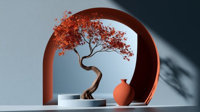 Artistic display of a sculptural tree with vibrant red leaves and a smooth vase, set against a minimalistic backdrop featuring geometric shapes