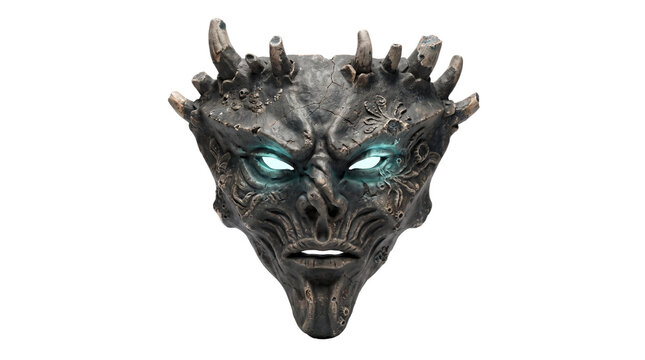 Fantasy demon mask with glowing blue eyes, ancient stone monster face sculpture, dark mystical creature head isolated on white