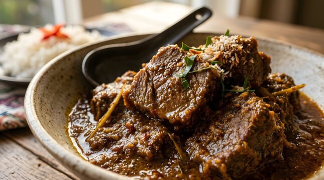 Traditional Indonesian beef rendang served in a ceramic bowl with white rice.