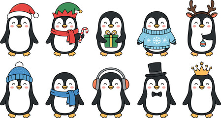 Fototapeta premium Cute Christmas Penguin Cartoon Character Set with Santa Hat Scarf Sweater Reindeer Antlers and Crown Vector Illustration Collection
