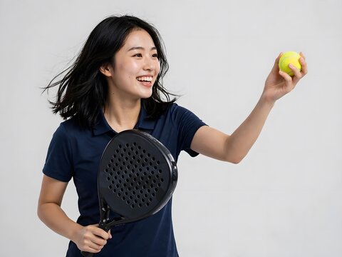 Happy asian woman holding a padel racket and ball against white background