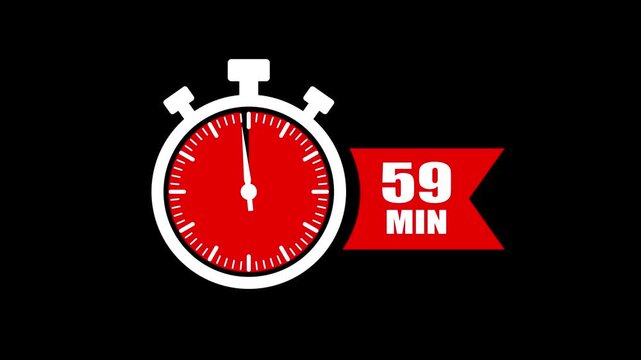 59 minute timer countdown stopwatch animation. Clock icon with 59 minute timer. 59 minute countdown timer clock icon animation. 59 min clock icon animation. Timer, clock, stopwatch icon with 59 min.