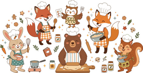 Obraz premium Cute Woodland Animals Cooking and Baking Vector Set with Cartoon Bear, Foxes, Rabbit, Owl, Squirrel Chef Characters, and Kitchen Utensils for Nursery Art