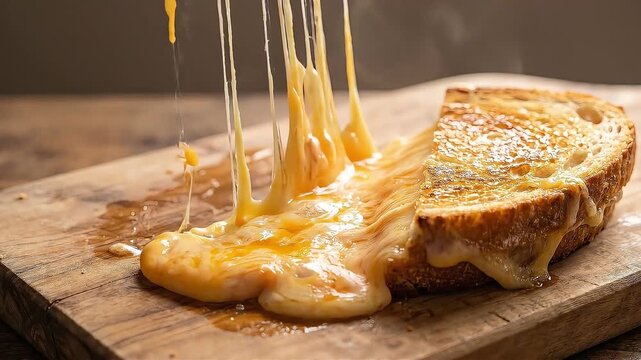 Footage of hot grilled cheese sandwich pulled apart with melting gooey cheese stretch on wood.