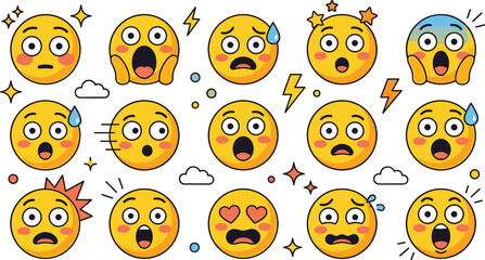 Fototapeta premium Cute Yellow Emoji Face Avatar Set with Shocked Surprised Scared and Panicked Expressions for Chat Messaging Apps Digital Content Designs