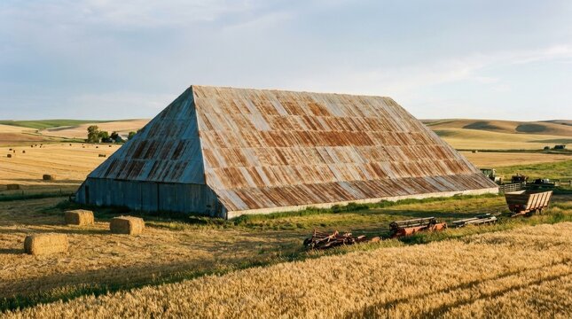 Rustic Barn in Golden Field: An old, weathered barn with a rusty tin roof stands proudly in a vast field of golden wheat, symbolizing the enduring spirit of rural life.