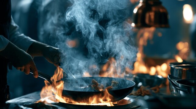Dramatic Cooking Scene with Flames and Smoke in Professional Kitchen, Chef Stir-Frying Fresh Ingredients in Wok on Busy Restaurant Night