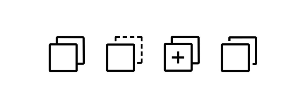 Copy icon set. Copy icons with add, duplicate, and paste variations. Suitable for digital interfaces and design projects.