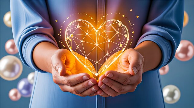 Human hands holding glowing heart symbolizing care, compassion and emotional support