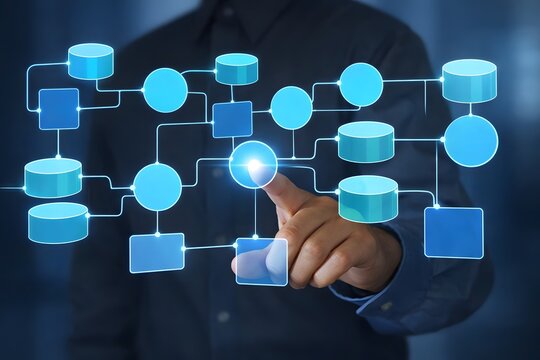 Data flow diagram. Developer analyzing and optimizing data processing system. Man processing data using the program.