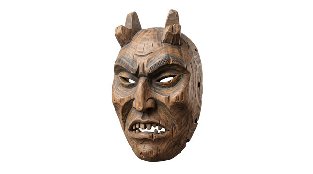 Vintage hand-carved wooden demon mask, traditional folk art devil sculpture, antique brown timber tribal face mask on white background